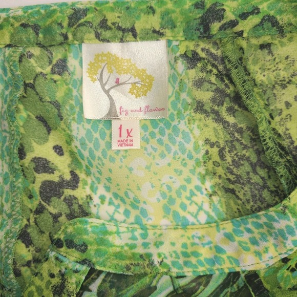 Fig & Flower Tropical Blouse 1X Sheer Floral Palm Print Boho Tunic - Picture 4 of 5